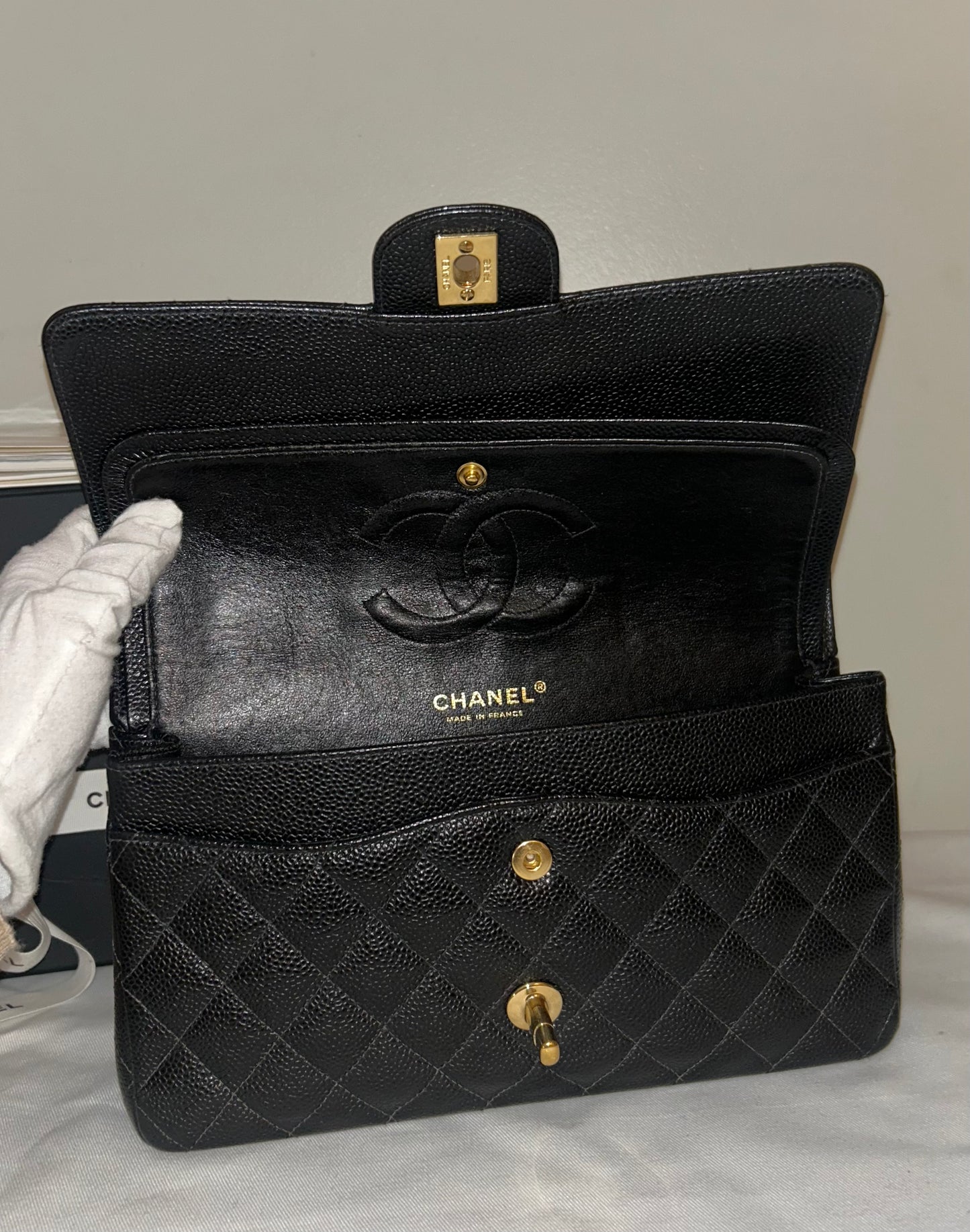 CHANEL Medium Classic Double Flap Caviar Quilted Handbag Black / 24k Gold