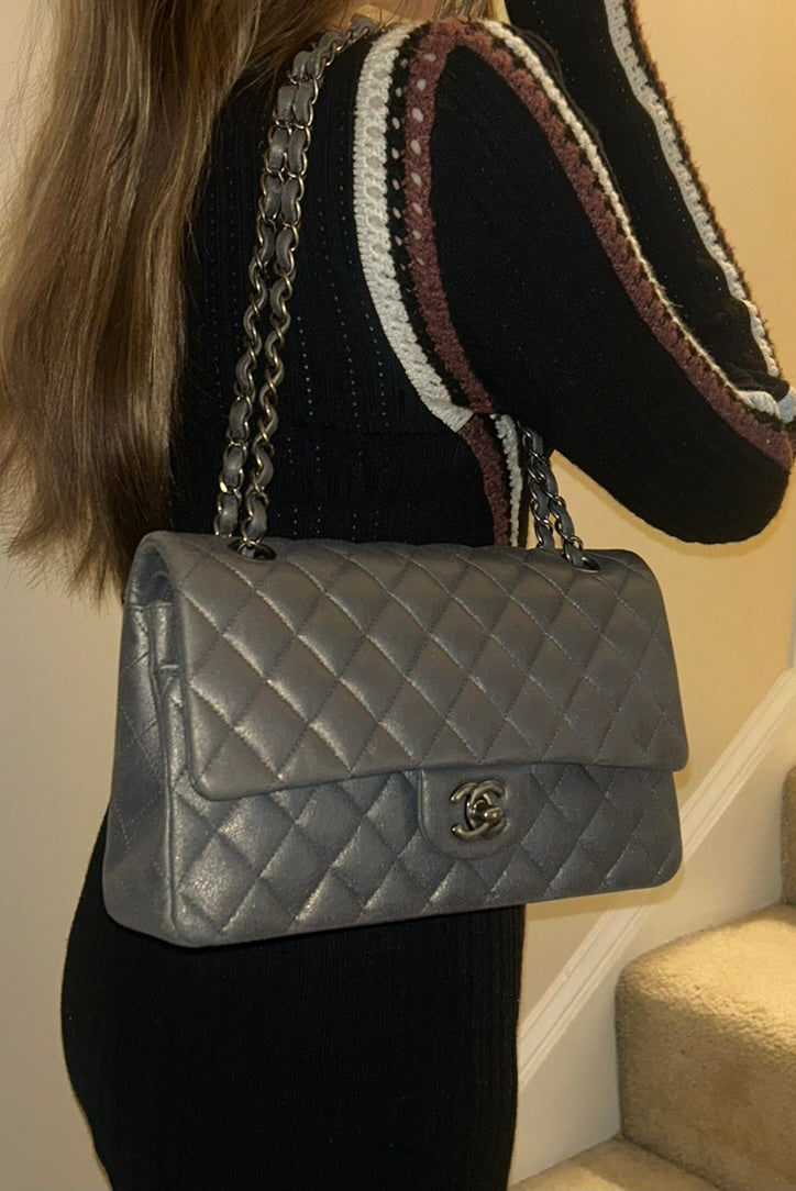 CHANEL Medium Double Flap Metallic Gray Pearlescent Leather Quilted Handbag