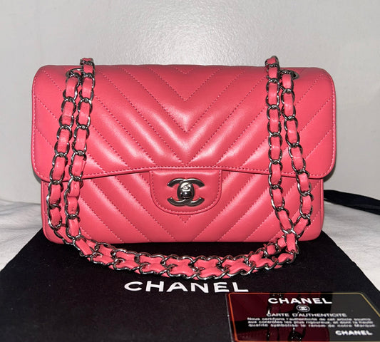 CHANEL Classic CC Small Double Flap Chevron Quilted Handbag Pink