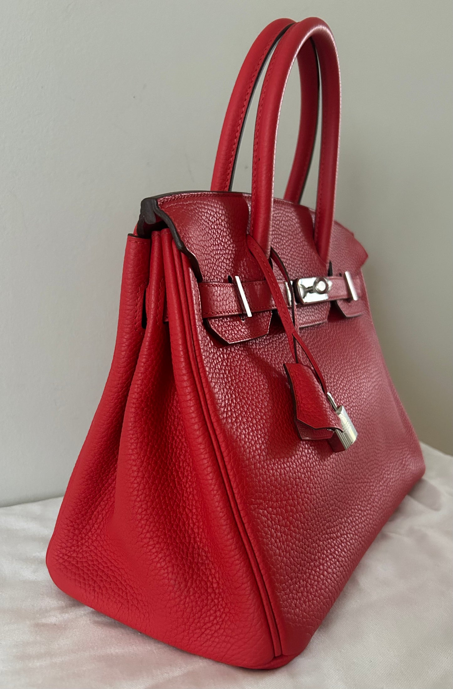 HERMES Birkin 30 Rouge Tomate Clemence Leather Palladium Hardware Handbag