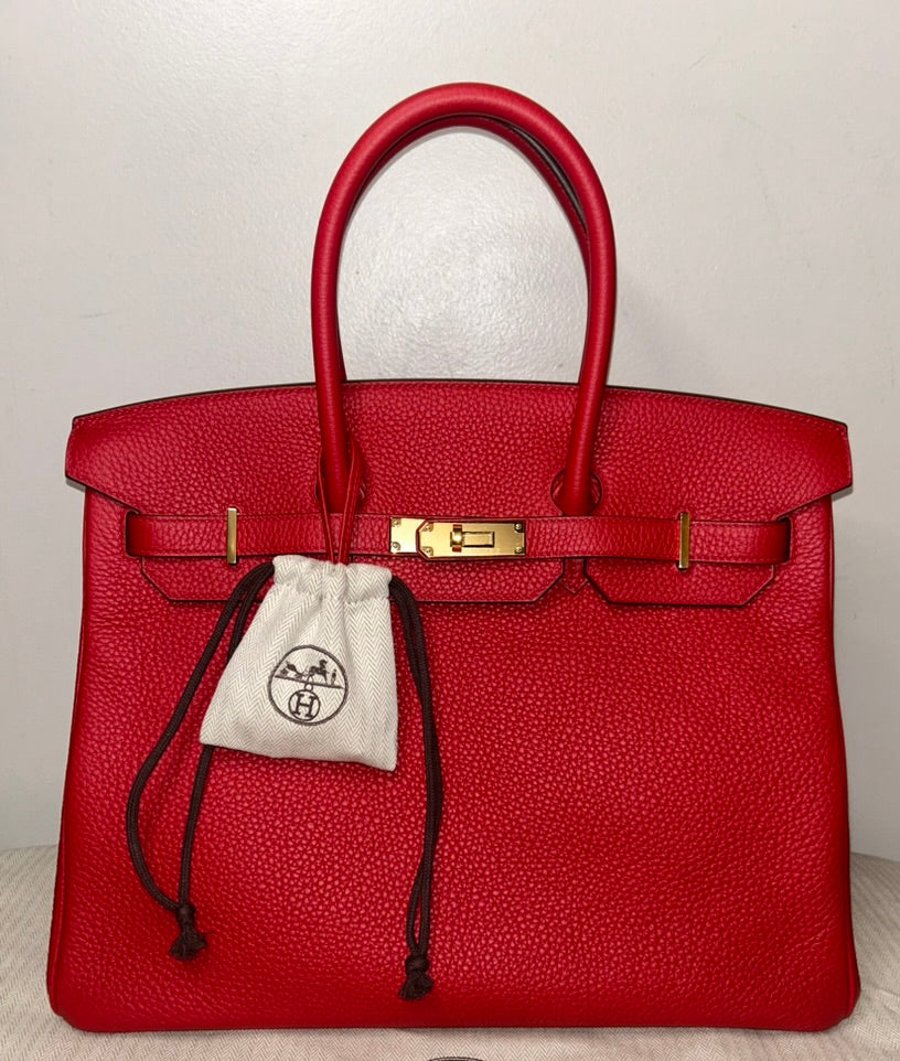 HERMES Birkin 35 Rouge Casaque Clemence Gold Hardware Handbag