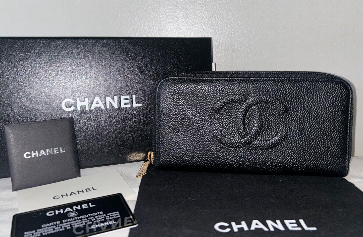 CHANEL CC Timeless Caviar Leather Zip Around Long Wallet Black