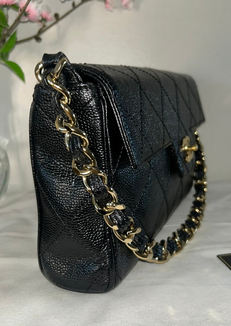 CHANEL Medium Classic Single Flap Quilted Caviar Handbag Black / 24k Gold RARE