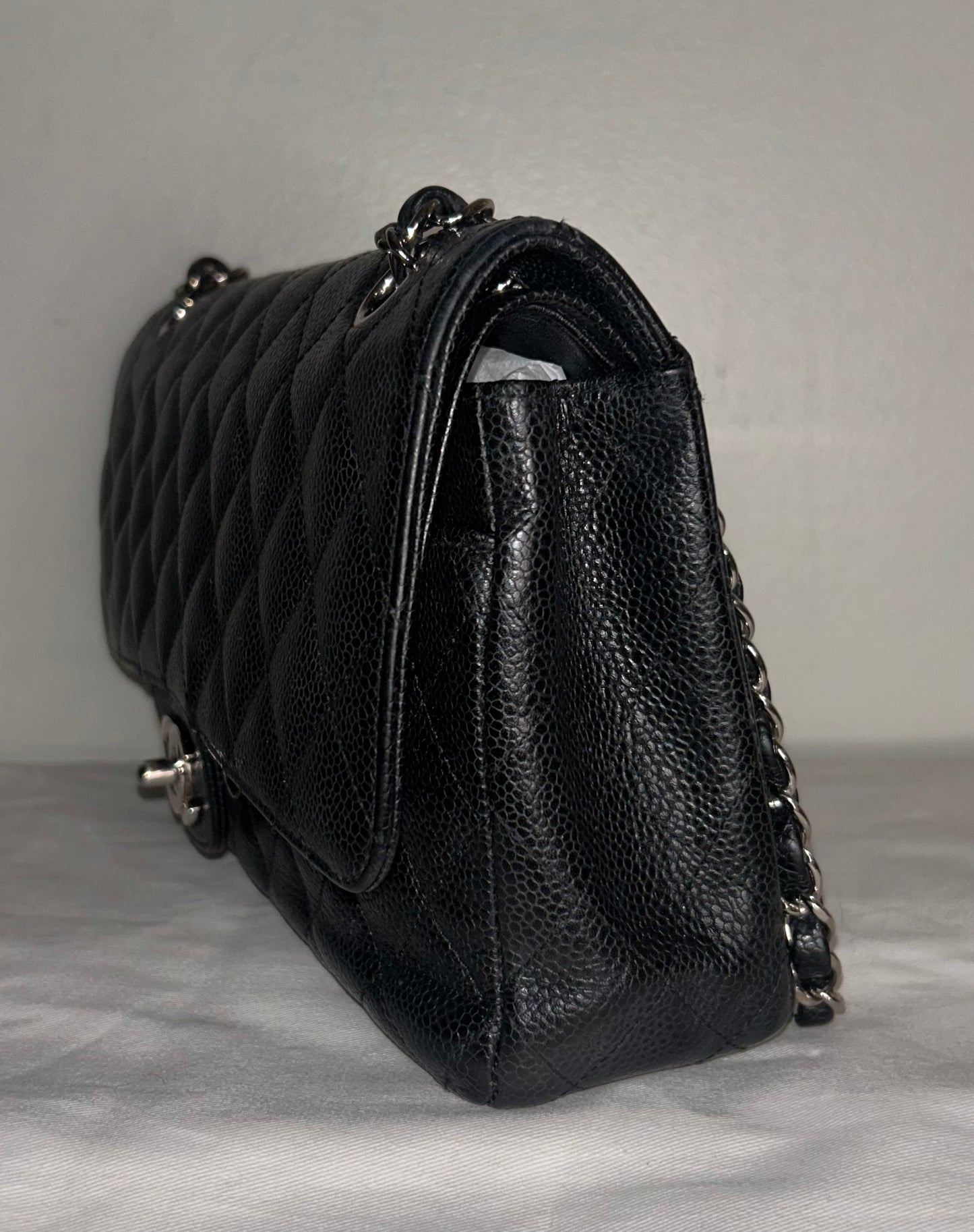 CHANEL Classic Medium Double Flap Quilted Caviar Leather Handbag Black