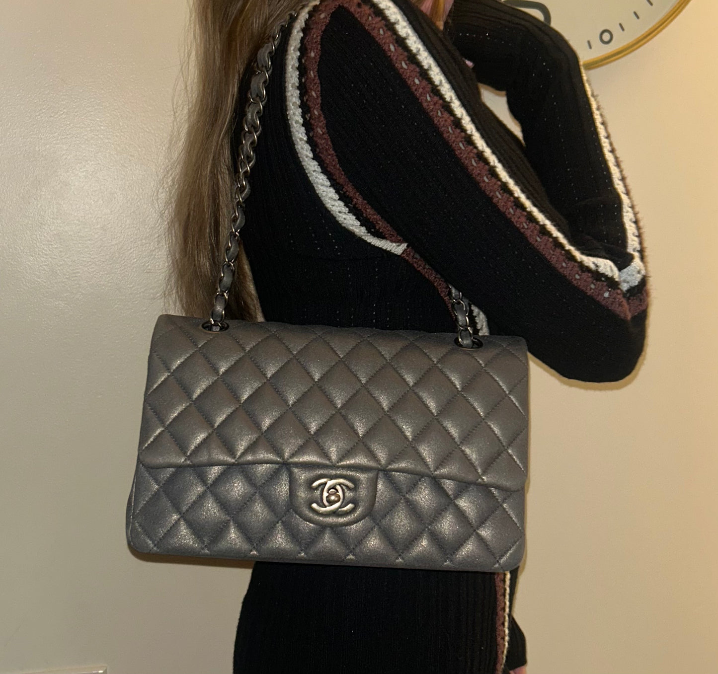 CHANEL Medium Double Flap Metallic Gray Pearlescent Leather Quilted Handbag