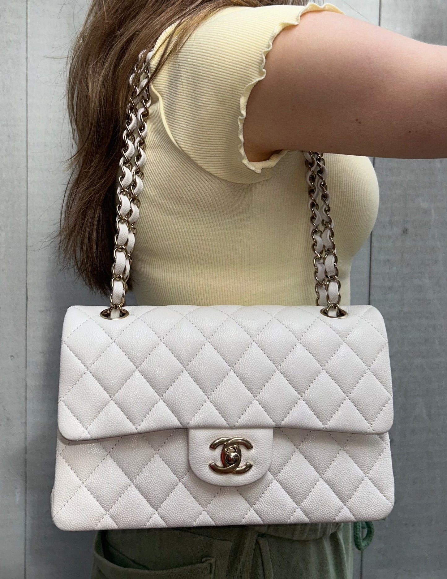 CHANEL 23K Small Classic Double Flap Caviar Handbag White