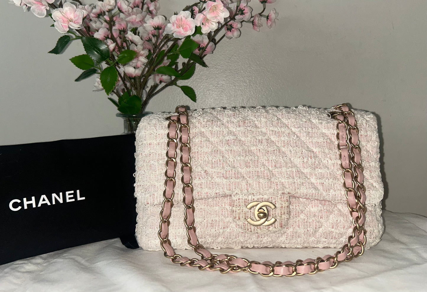 CHANEL Medium Classic Quilted Tweed Single Flap Bag Light Pink / Gold Hardware