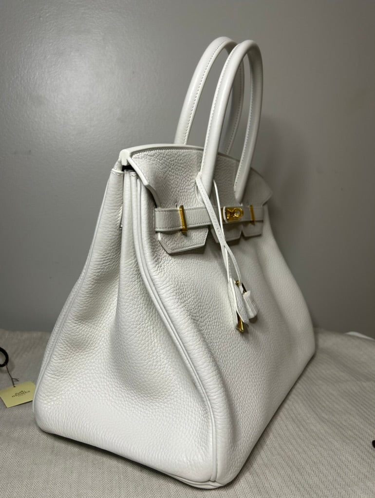 HERMÈS Birkin 35 Blanc White Clemence Leather Gold Hardware Handbag