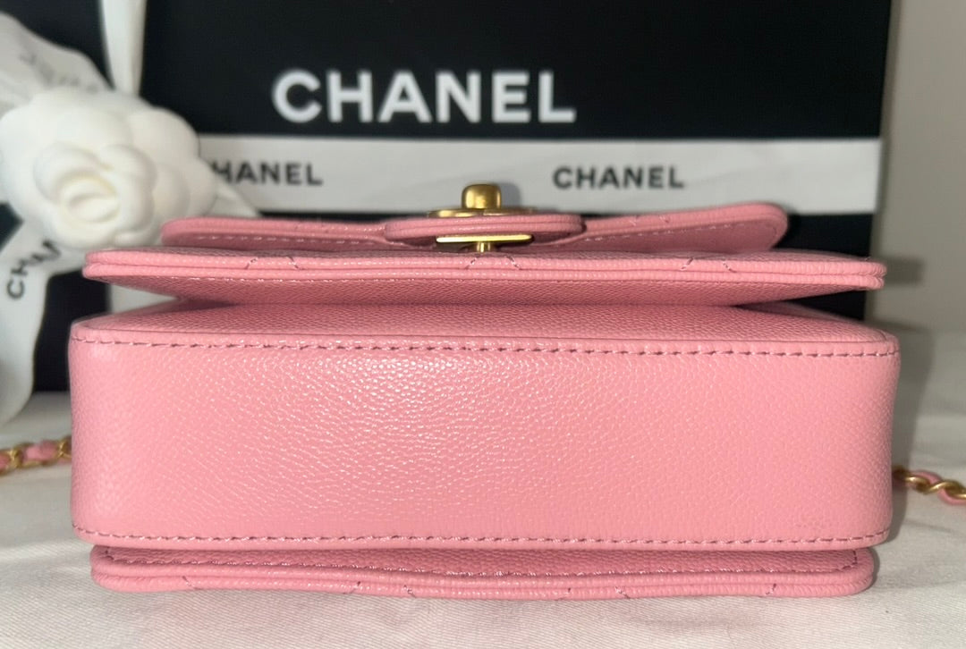 NEW! CHANEL 24K Mini Top Handle Flap Bag Quilted Caviar Light Pink / Gold HW