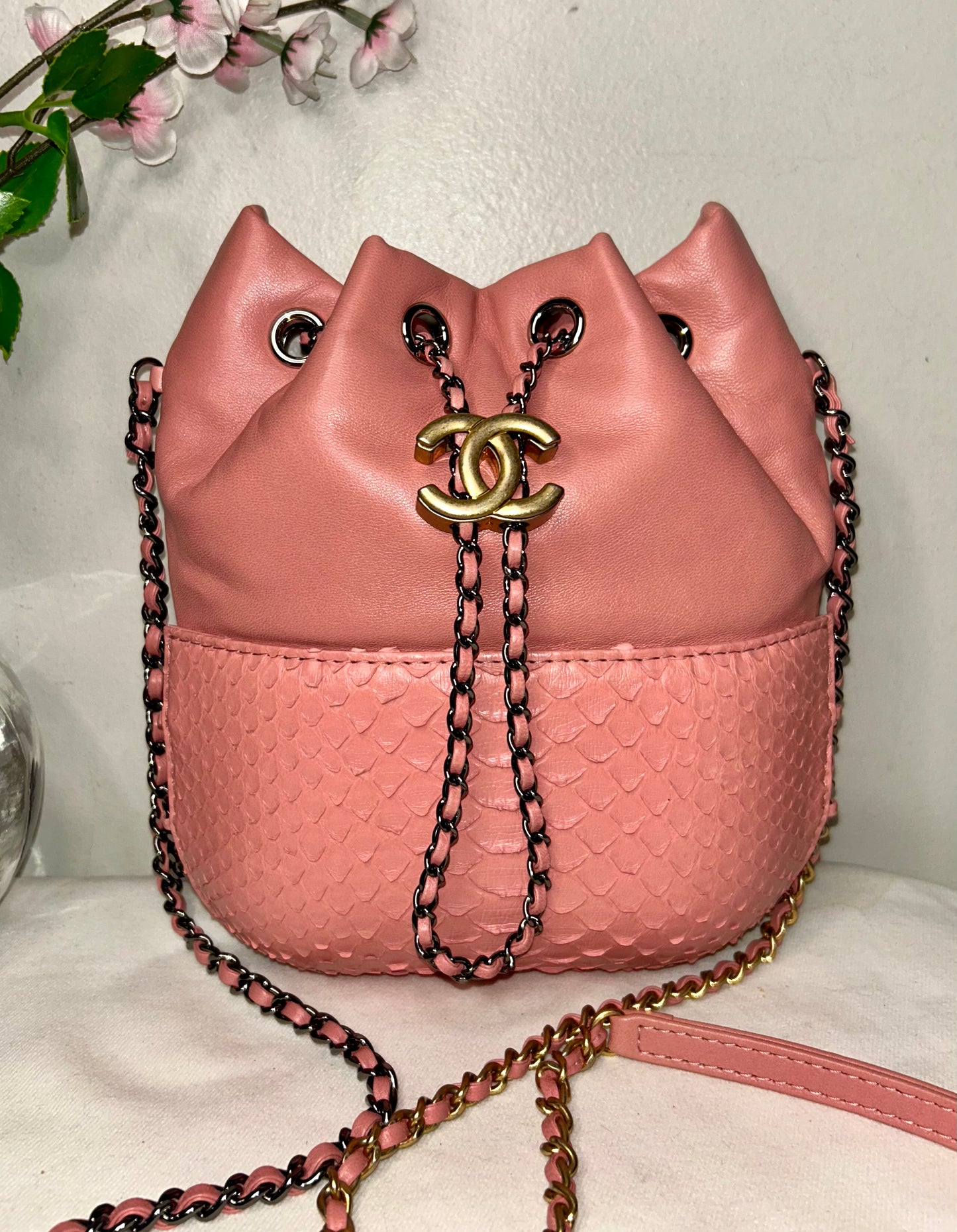 CHANEL Gabrielle Python Snakeskin Small Crossbody Bag in Rose Pink