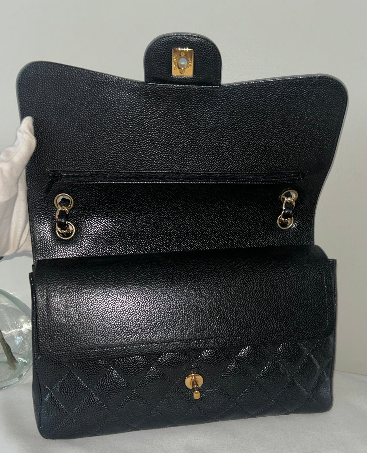 CHANEL Classic Jumbo Double Flap Quilted Caviar Leather Handbag Black/Gold