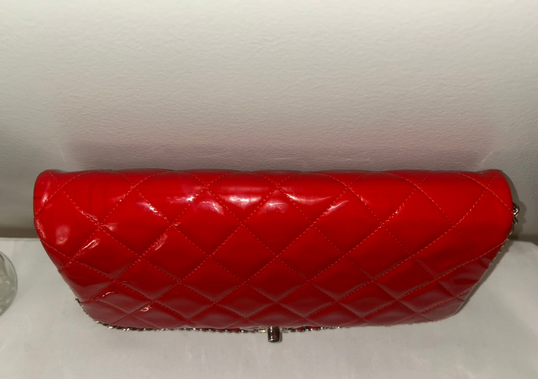 CHANEL CC Classic Quilted Patent Leather Single Flap Shoulder Bag Red