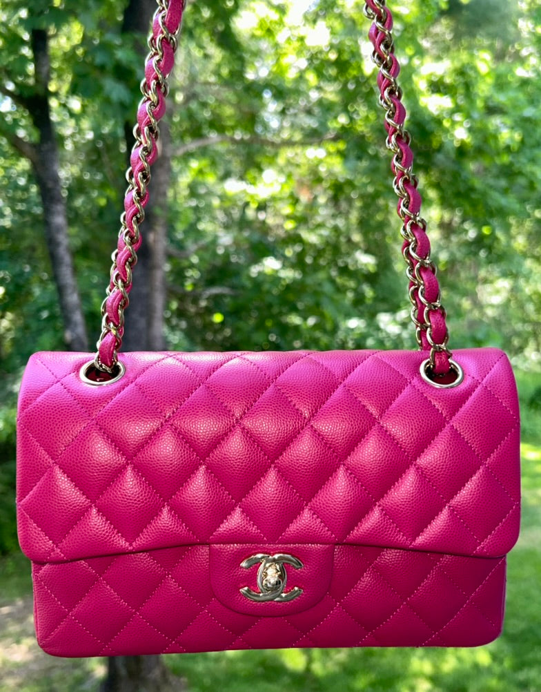 CHANEL 21A Classic CC Small Double Flap Quilted Caviar Handbag Pink/Light Gold