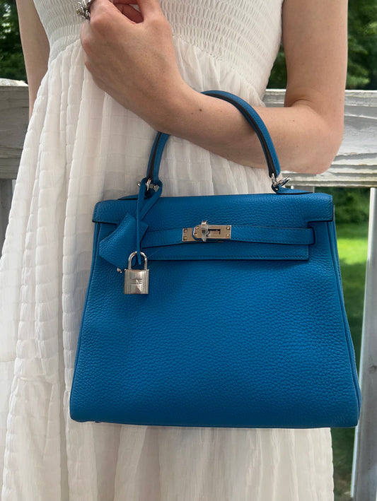 HERMÈS Kelly 25 Bleu Zanzibar Togo Leather Palladium Hardware