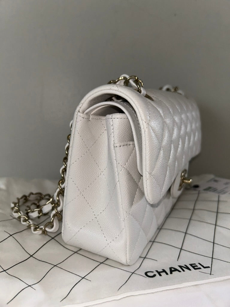 CHANEL 23K Small Classic Double Flap Caviar Handbag White