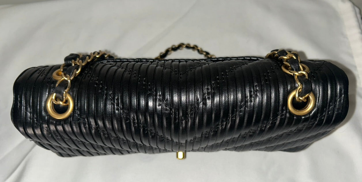 CHANEL Medium Classic Double Flap Pleated Calfskin Handbag Black / Gold