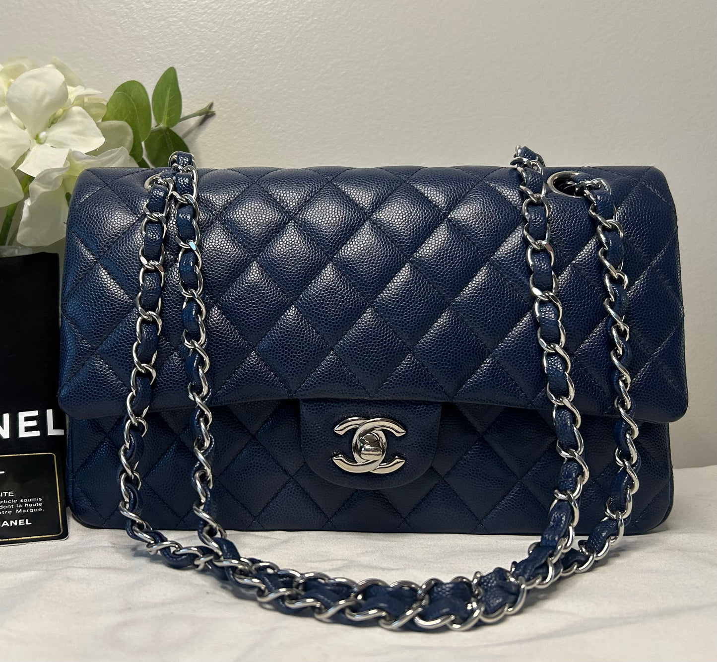 CHANEL Medium Classic Double Flap Caviar Quilted Handbag Dark Navy