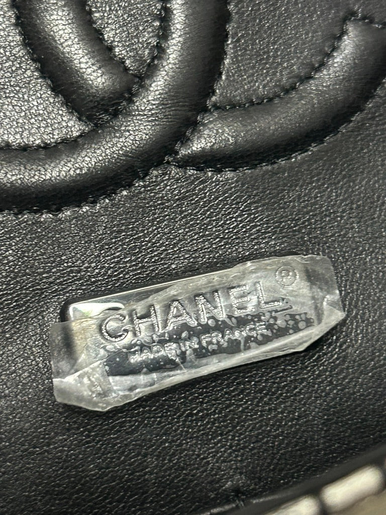 CHANEL Graffiti Newspaper Logo Medium Double Flap Lambskin Handbag Black/Silver