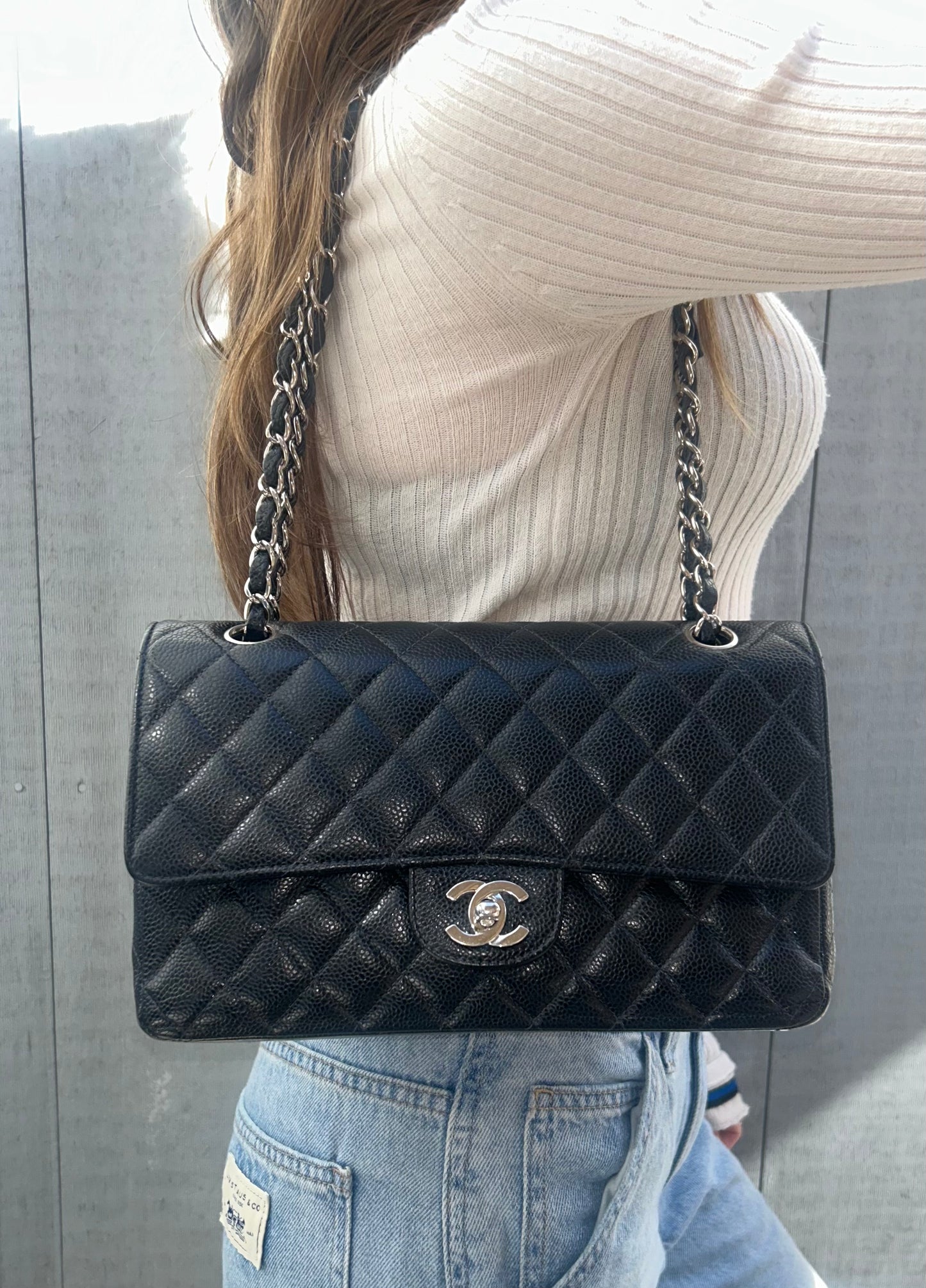 CHANEL Medium Classic Double Flap Caviar Quilted Handbag Black
