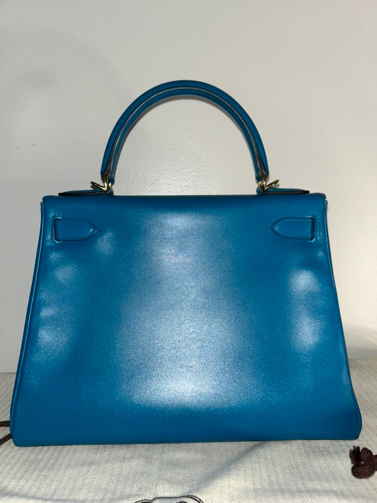 HERMES Kelly 28 Bleu Izmir Box Calf Leather Gold Hardware