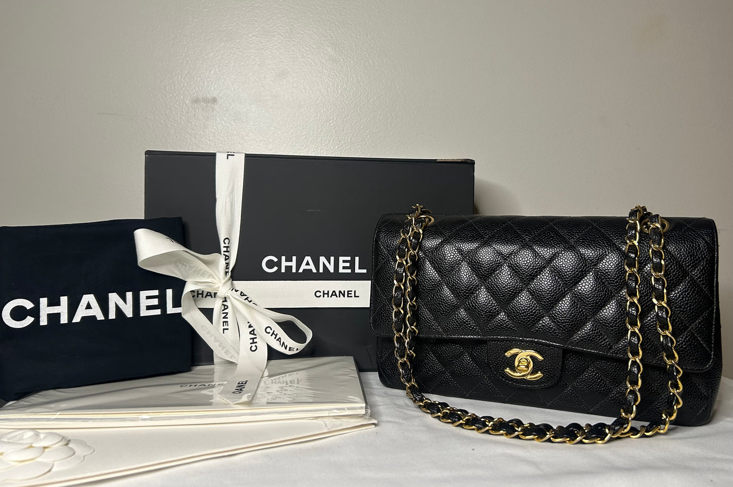 CHANEL Medium Classic Double Flap Caviar Quilted Handbag Black / 24k Gold