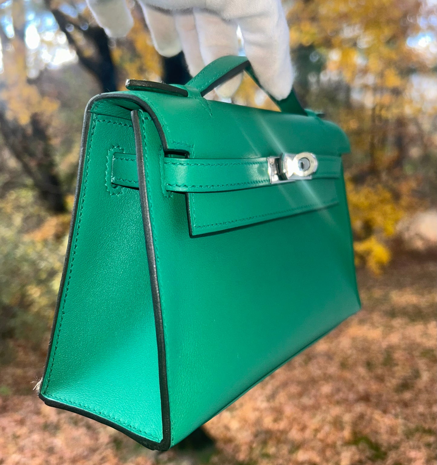 HERMES Kelly Pochette Vert Vertigo Swift Palladium Hardware