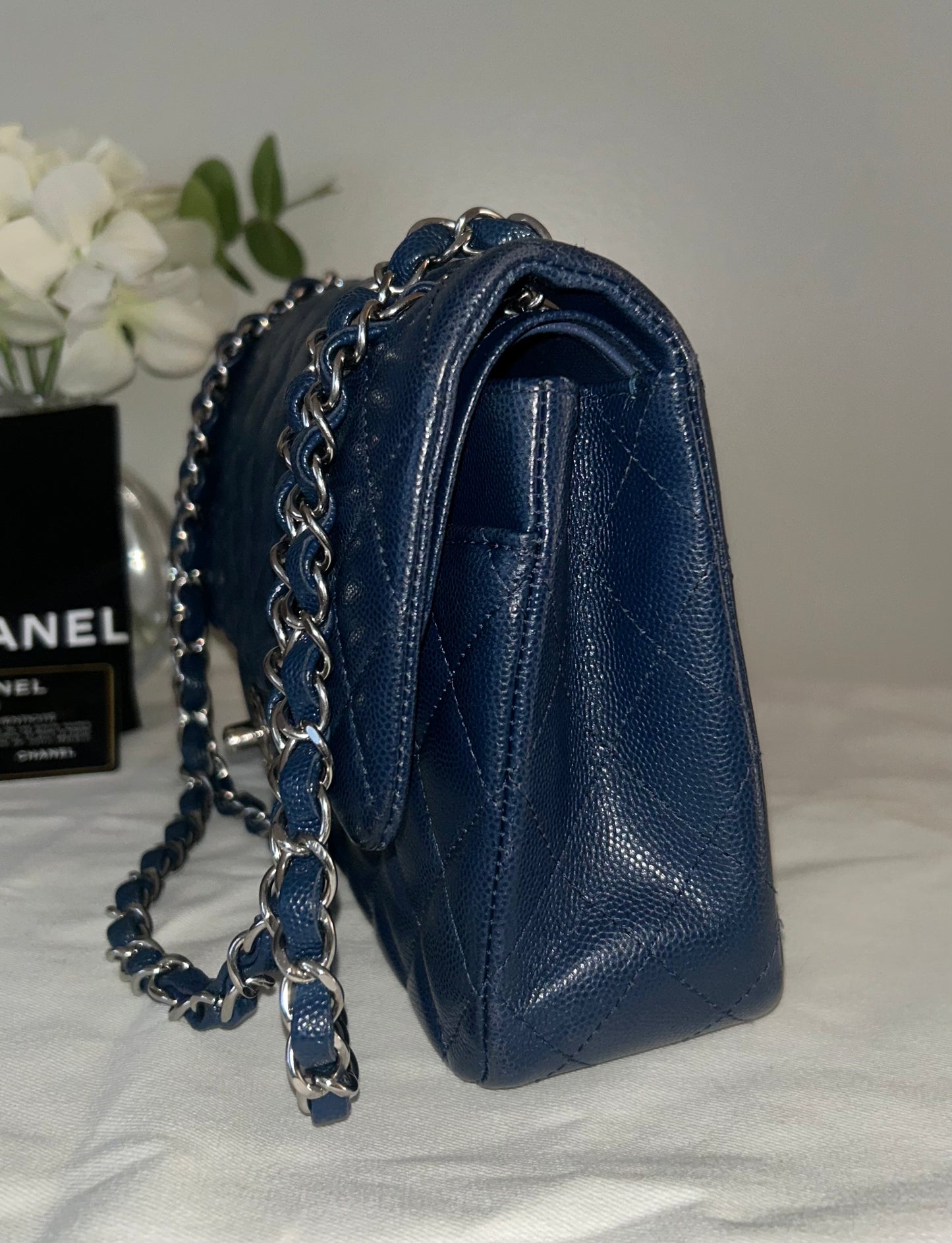 CHANEL Medium Classic Double Flap Caviar Quilted Handbag Dark Navy