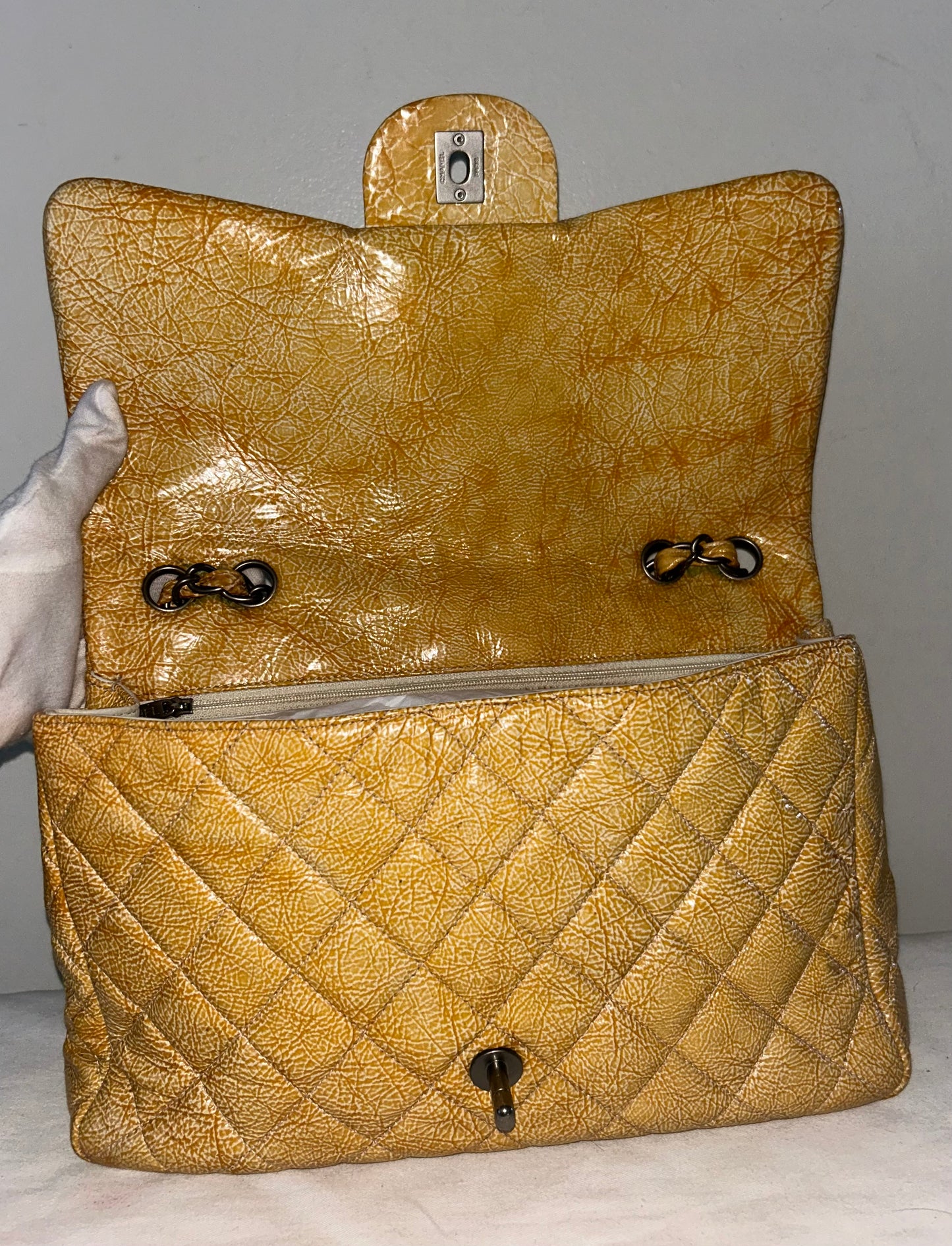 CHANEL Classic Jumbo Quilted Crinkled Patent Leather Handbag Golden Yellow