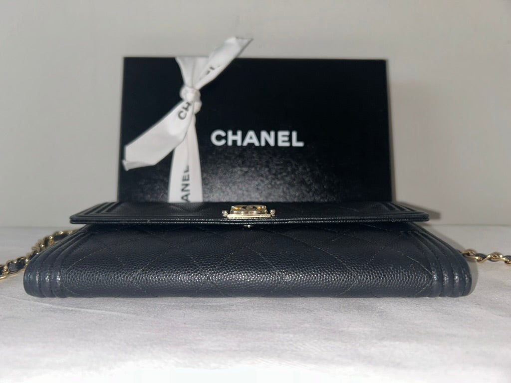 CHANEL CC Boy Wallet on Chain WOC Crossbody Quilted Caviar Leather Black/Gold