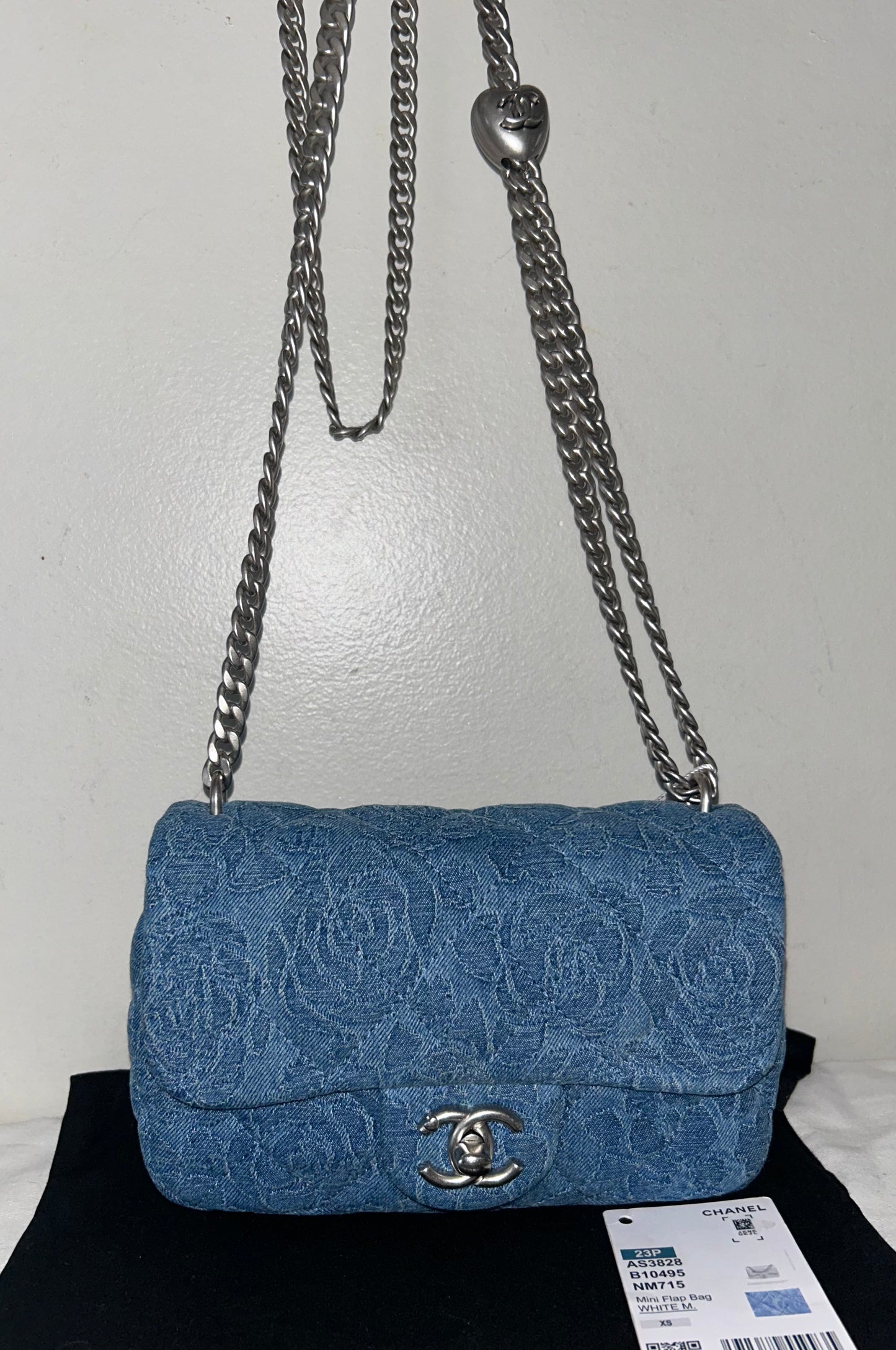 CHANEL 23P Sweetheart Crush Mini Flap Camellia Quilted Denim Blue Bag