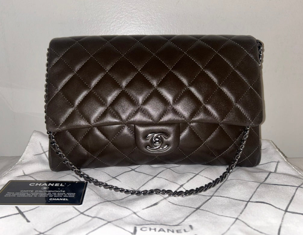 CHANEL Classic CC Quilted Flap Shoulder Bag Lambskin Leather Dark Brown