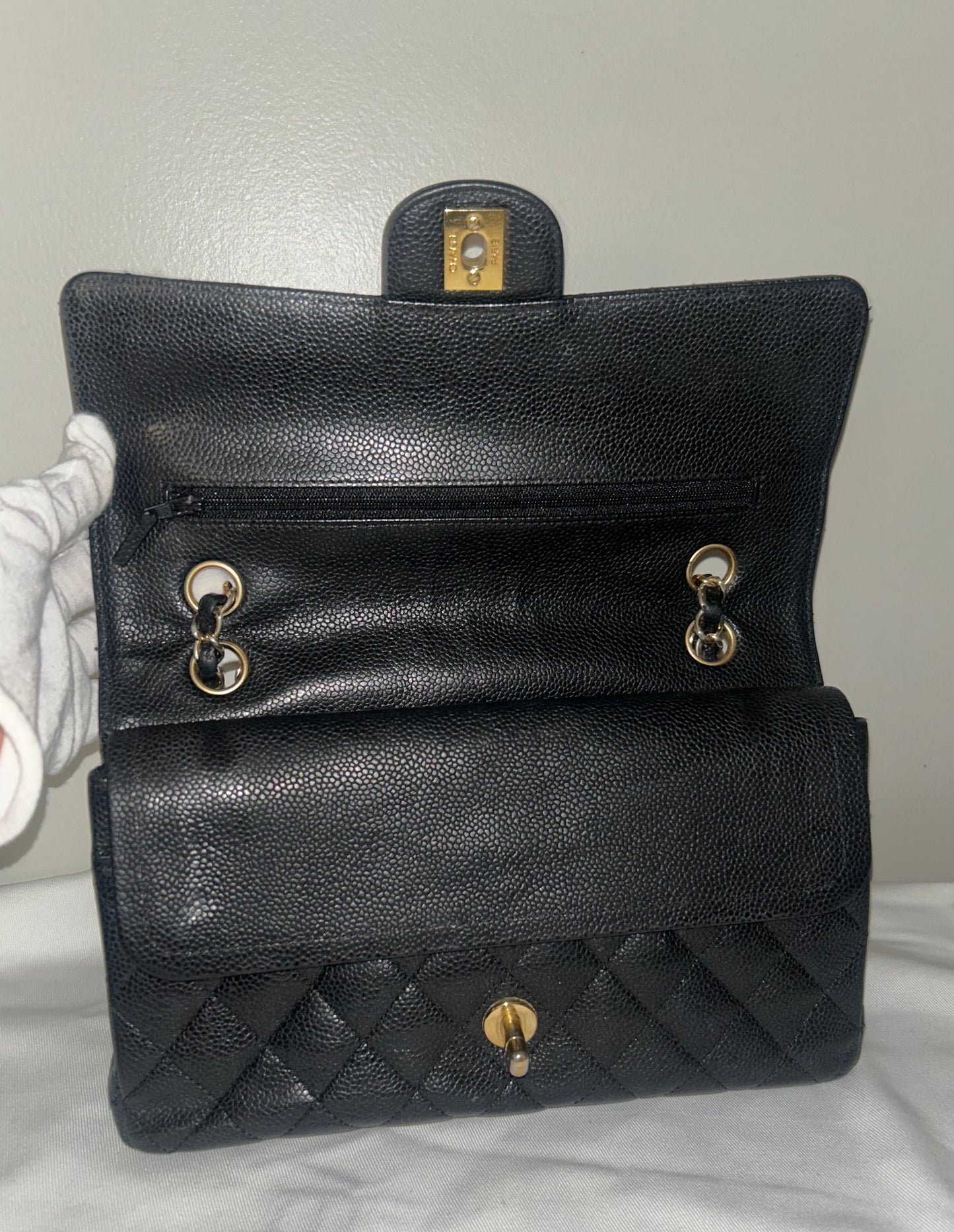 CHANEL Medium Classic Double Flap Caviar Quilted Handbag Black / Gold