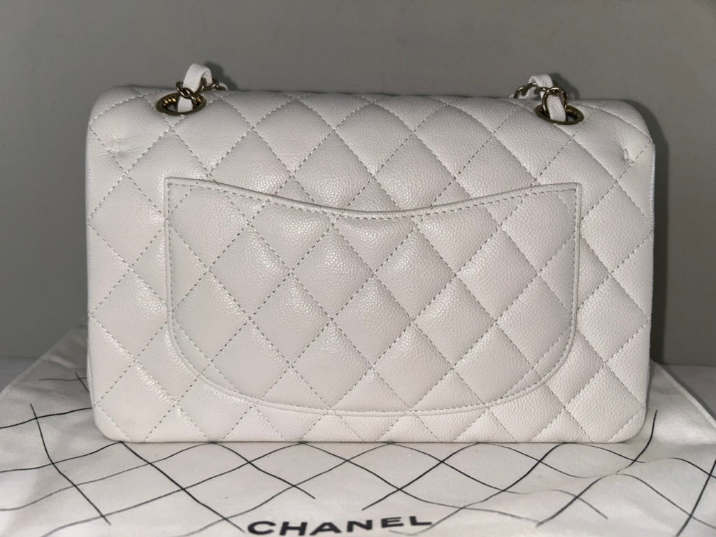 CHANEL 23K Small Classic Double Flap Caviar Handbag White