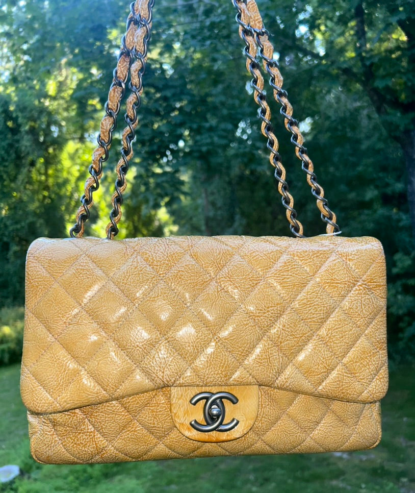 CHANEL Classic Jumbo Quilted Crinkled Patent Leather Handbag Golden Yellow