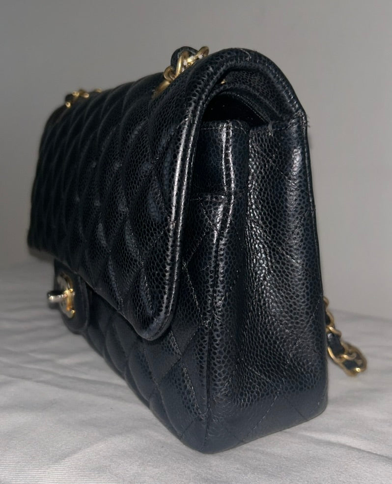 CHANEL Classic Medium Double Flap Quilted Caviar Handbag Black/Gold