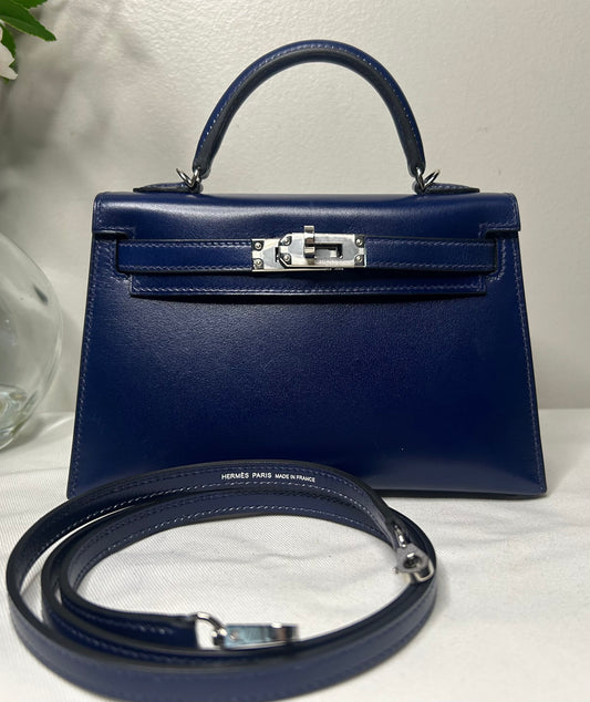 HERMÈS Kelly 20 (Mini II) Bleu Saphir Box Palladium Hardware