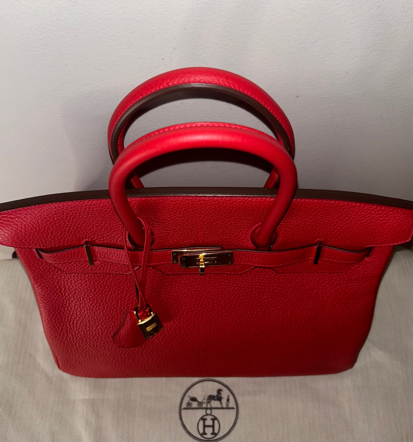 HERMES Birkin 35 Rouge Casaque Clemence Gold Hardware Handbag