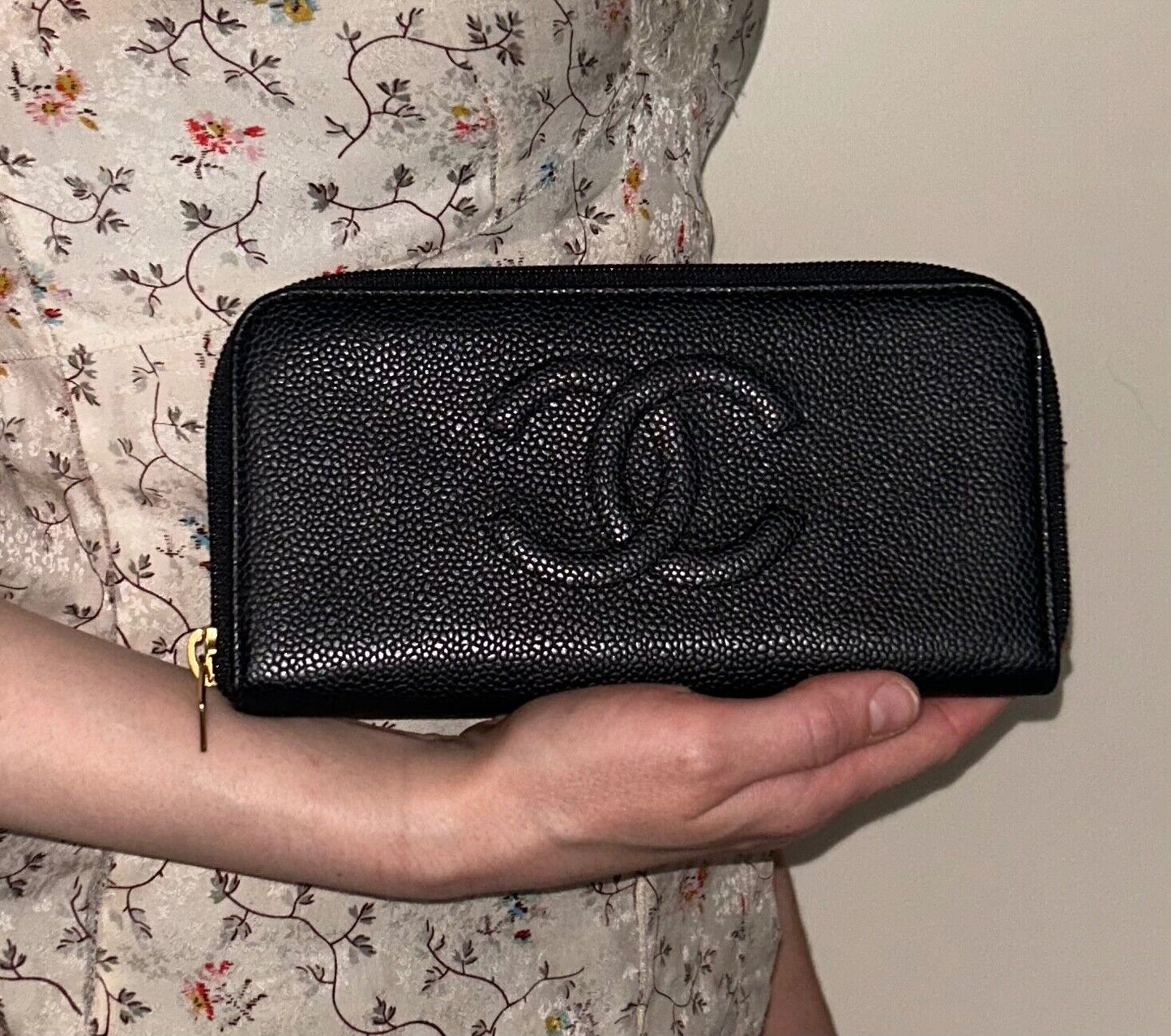 CHANEL CC Timeless Caviar Leather Zip Around Long Wallet Black