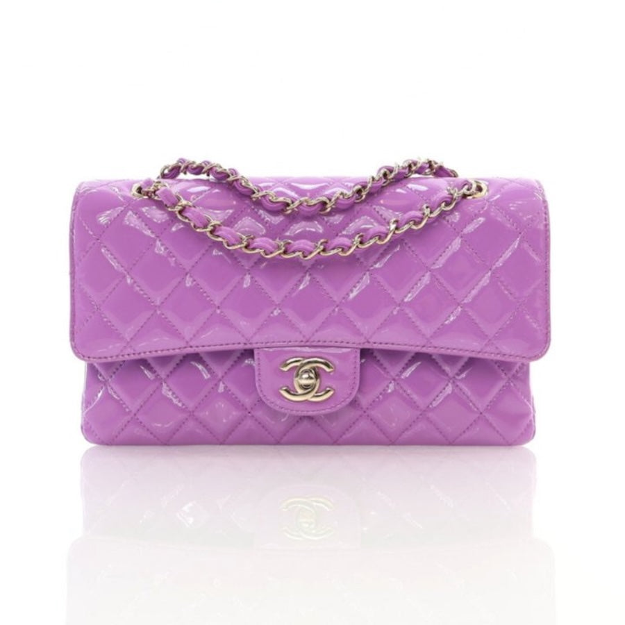 CHANEL Medium Classic Double Flap Quilted Patent Leather Handbag Lilac / Gold