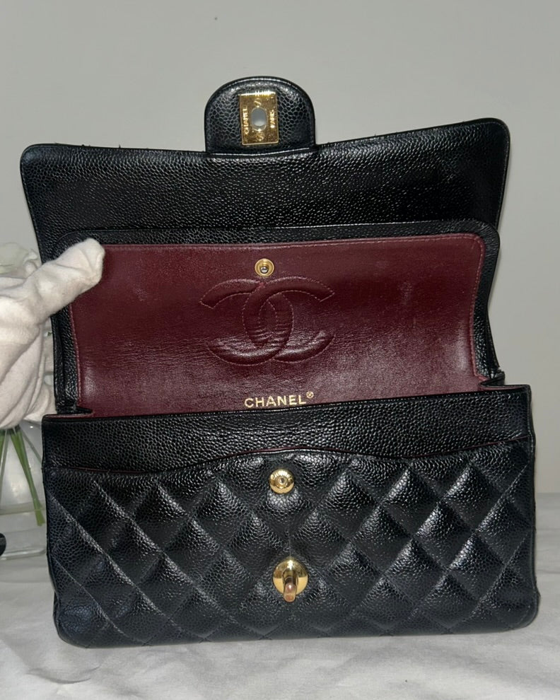 CHANEL Medium Classic Double Flap Caviar Quilted Handbag Black / Gold