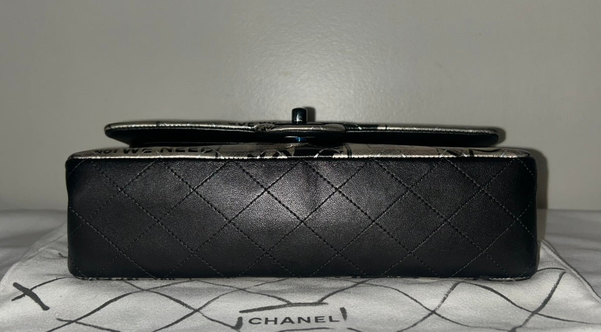 CHANEL Graffiti Newspaper Logo Medium Double Flap Lambskin Handbag Black/Silver