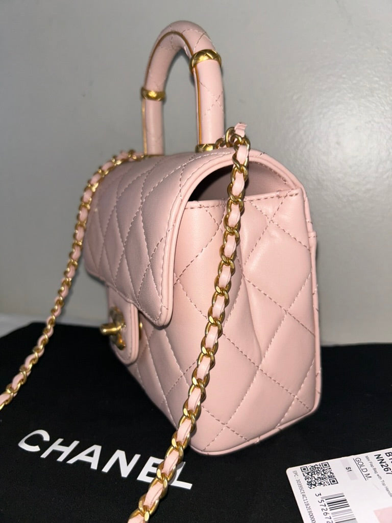 CHANEL 23S Mini Square Top Handle Flap Lambskin Leather Light Pink/Gold