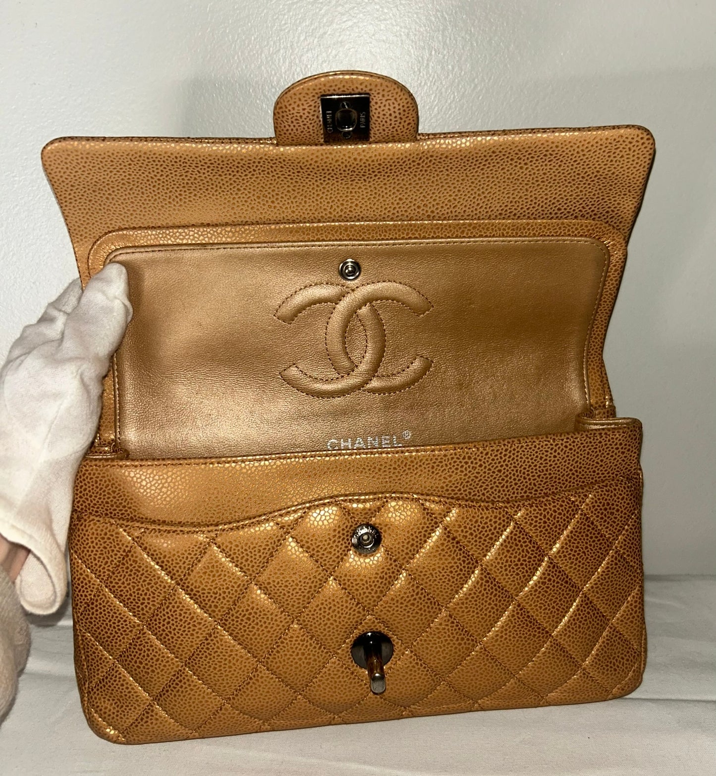 CHANEL Classic Medium Double Flap Metallic Caviar Leather Handbag Golden