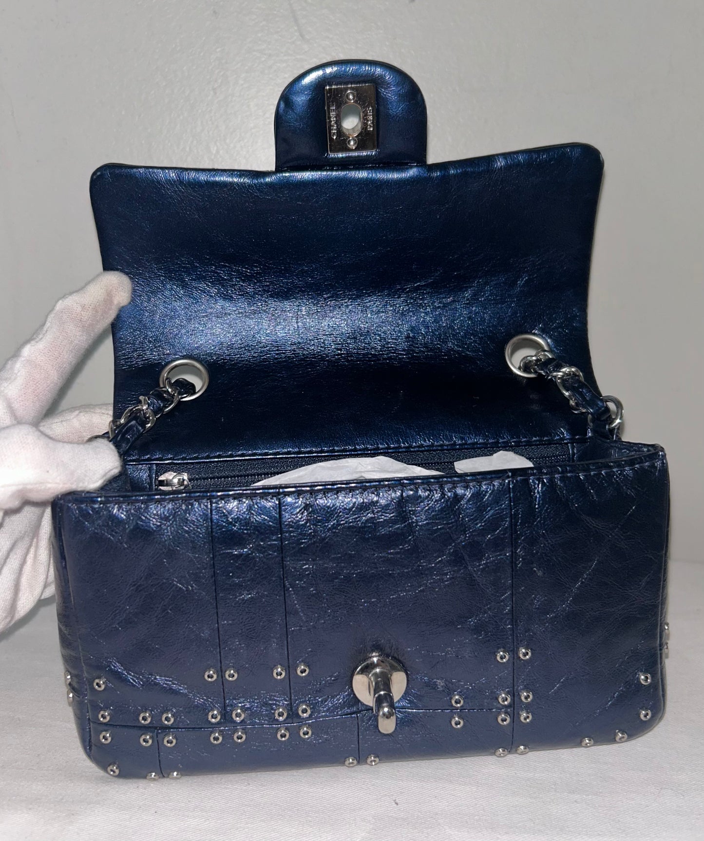 CHANEL CC Airlines Mini Flap Bag Grommet Studded Leather Navy Blue