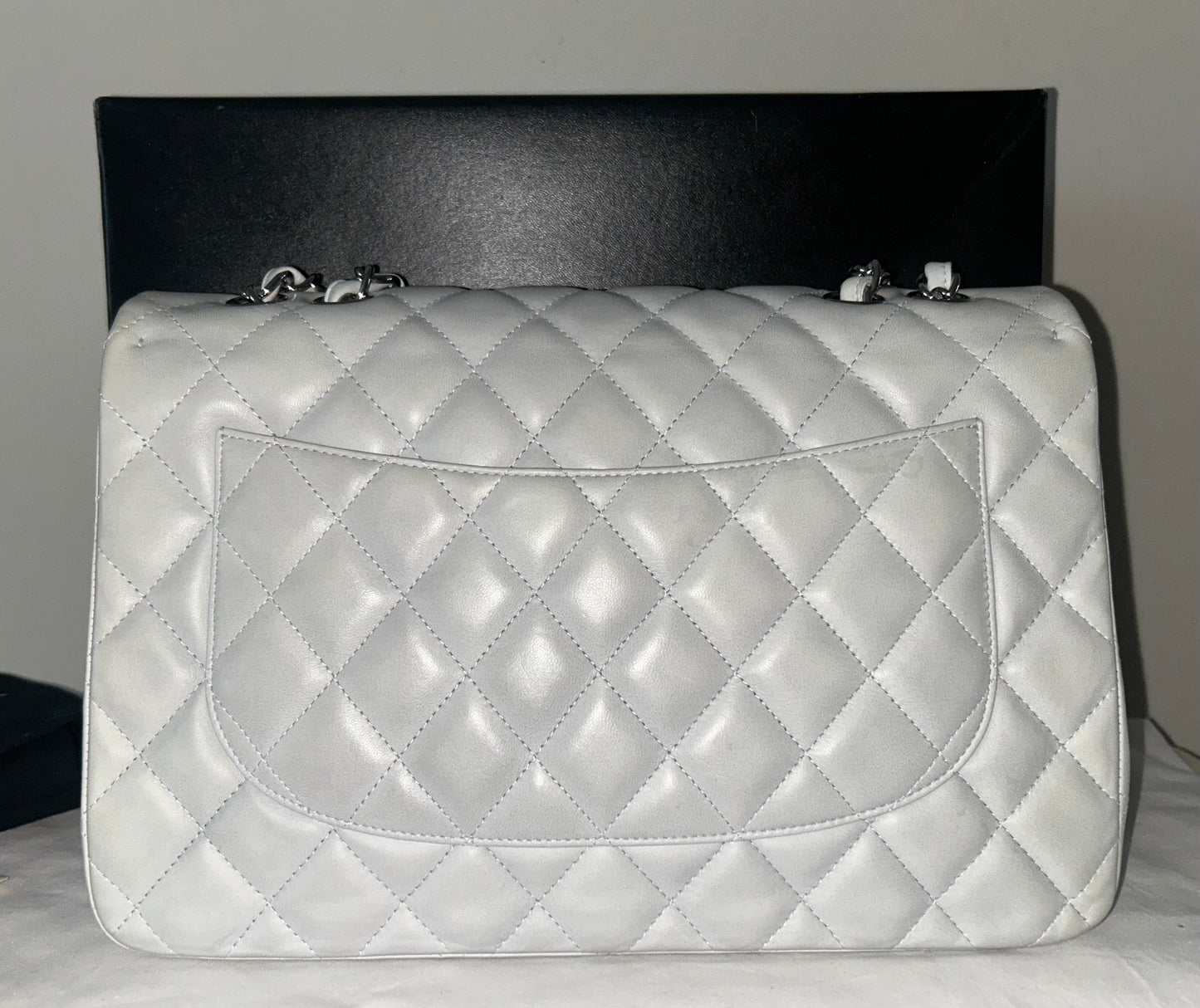 CHANEL Classic Jumbo Single Flap Quilted Lambskin Leather Bag Light Blue Gray