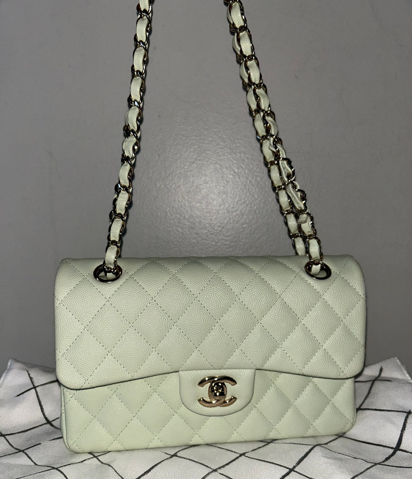 CHANEL 22C Small Classic Double Flap Caviar Handbag Mint/Light Gold HW