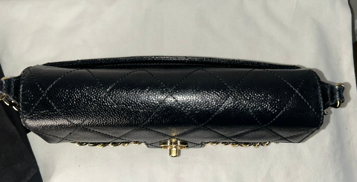 CHANEL Medium Classic Single Flap Quilted Caviar Handbag Black / 24k Gold RARE