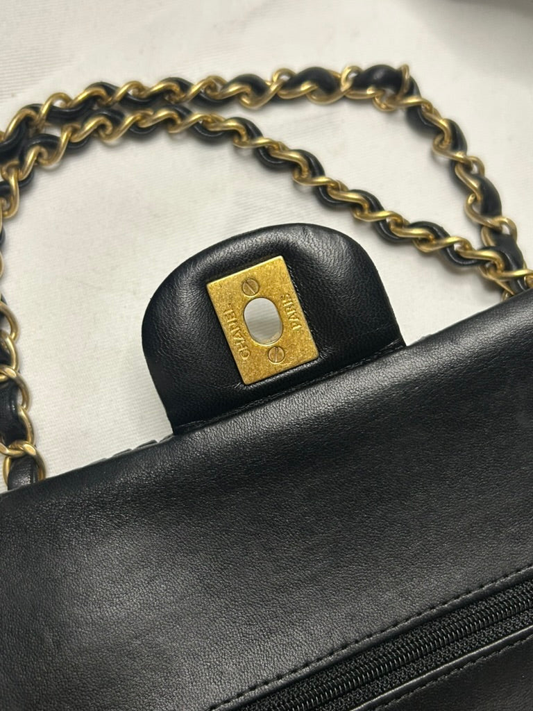 CHANEL Medium Classic Double Flap Pleated Calfskin Handbag Black / Gold