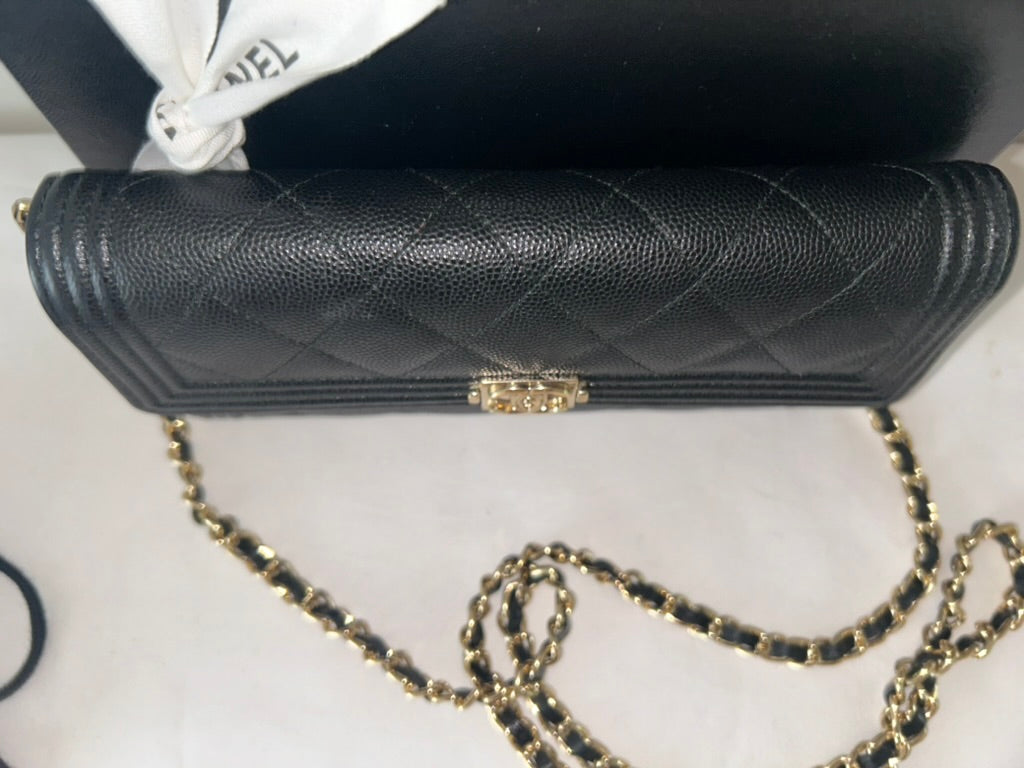 CHANEL CC Boy Wallet on Chain WOC Crossbody Quilted Caviar Leather Black/Gold