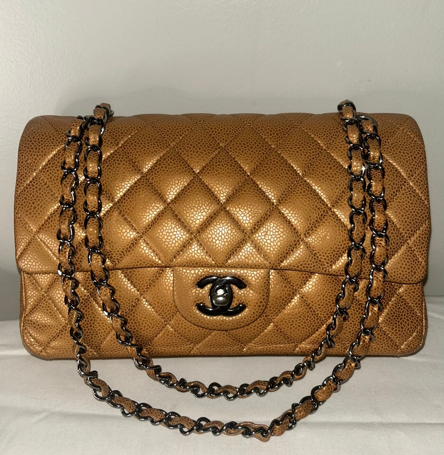 CHANEL Classic Medium Double Flap Metallic Caviar Leather Handbag Golden